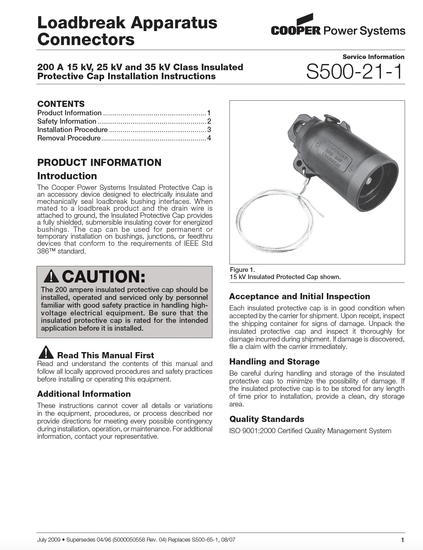 S500211 200 A 15, 25 and 35 kV Class Insulated Protective Cap Installation Instructions